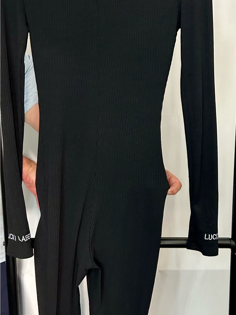 Black Ribbed Long-Sleeve Body Jumpsuit bodycon bodysuit rave clubbing
